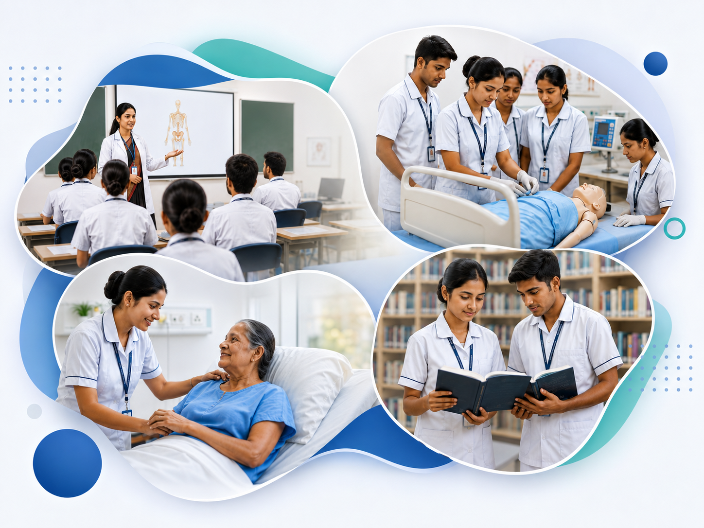 Welcome to Deepthi School of Nursing — classroom, clinical lab, patient care, and library moments